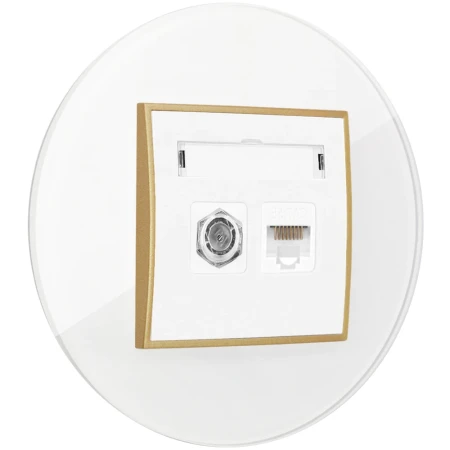 Gniazdo rj45/antenowe z ramką okrągłą efekt szkła seria ICON kolor biały/złoty