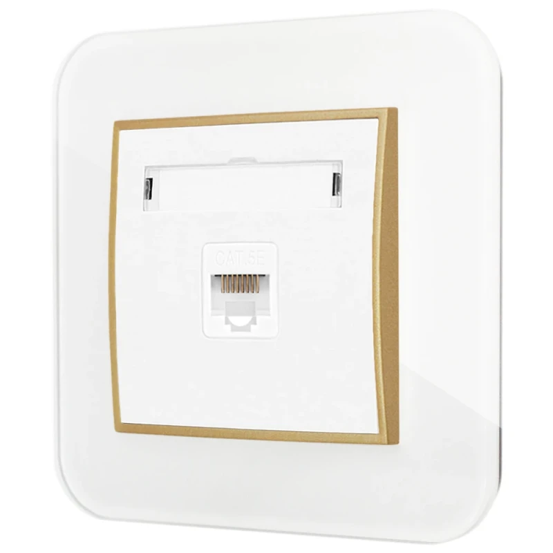 Gniazdo internetowe rj45 1x z ramką zaokrągloną efekt szkła seria ICON kolor biały/złoty