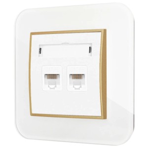 Gniazdo internetowe rj45 2x z ramką zaokrągloną efekt szkła seria ICON kolor biały/złoty