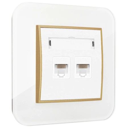 Gniazdo internetowe rj45 2x z ramką zaokrągloną efekt szkła seria ICON kolor biały/złoty