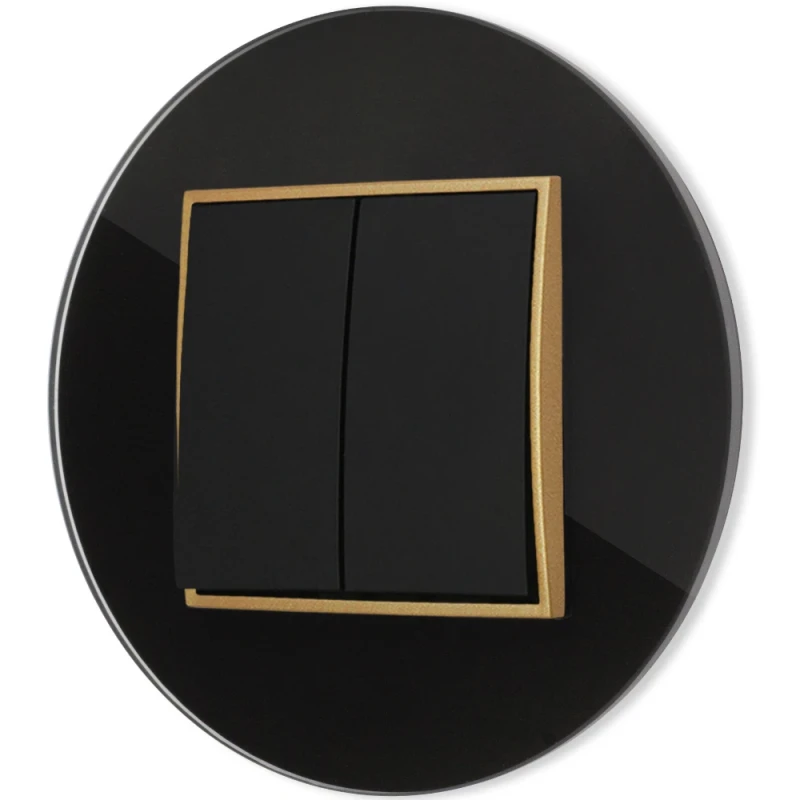 Włącznik podwójny z ramką okrągłą efekt szkła seria ICON kolor czarny/złoty