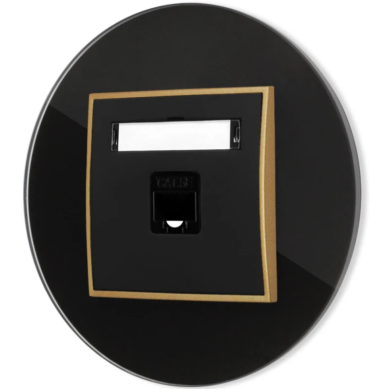 Gniazdo internetowe rj45 1x z ramką okrągłą efekt szkła seria ICON kolor czarny/złoty