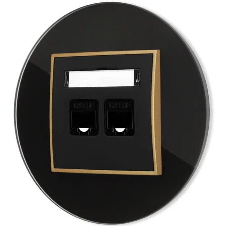 Gniazdo internetowe rj45 2x z ramką okrągłą efekt szkła seria ICON kolor czarny/złoty