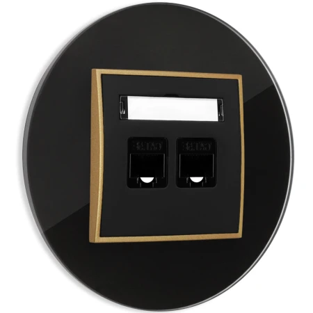 Gniazdo internetowe rj45 2x z ramką okrągłą efekt szkła seria ICON kolor czarny/złoty