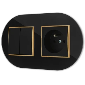 Włącznik podwójny z gniazdem pojedynczym z ramką okrągłą efekt szkła seria ICON kolor czarny/złoty