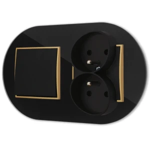 Włącznik pojedynczy z gniazdem podwójnym z ramką okrągłą efekt szkła seria ICON kolor czarny/złoty