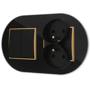 Włącznik podwójny z gniazdem podwójnym z ramką okrągłą efekt szkła seria ICON kolor czarny/złoty