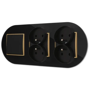 Włącznik pojedynczy i dwa gniazda podwójne z ramką okrągłą efekt szkła seria ICON kolor czarny/złoty