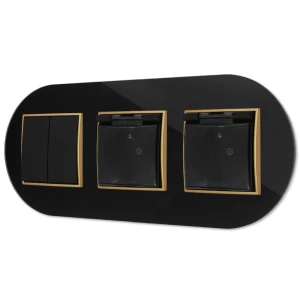 Włącznik podwójny i dwa gniazda hermetyczne z ramką okrągłą efekt szkła seria ICON kolor czarny/złoty