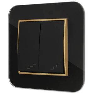 Włącznik schodowy podwójny z ramką zaokrągloną efekt szkła seria ICON kolor czarny/złoty
