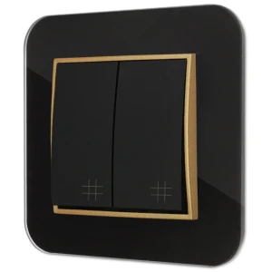 Włącznik krzyżowy podwójny z ramką zaokrągloną efekt szkła seria ICON kolor czarny/złoty
