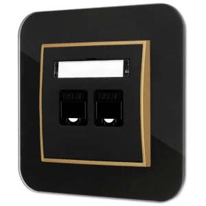Gniazdo internetowe rj45 2x z ramką zaokrągloną efekt szkła seria ICON kolor czarny/złoty