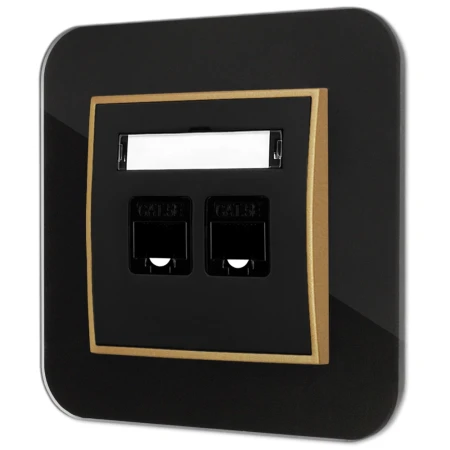 Gniazdo internetowe rj45 2x z ramką zaokrągloną efekt szkła seria ICON kolor czarny/złoty