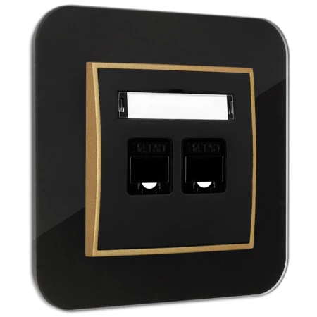 Gniazdo internetowe rj45 2x z ramką zaokrągloną efekt szkła seria ICON kolor czarny/złoty