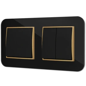 Dwa włączniki pojedynczy i podwójny z ramką zaokrągloną efekt szkła seria ICON kolor czarny/złoty