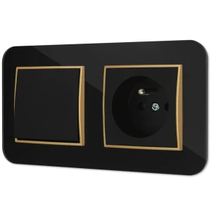 Włącznik pojedynczy z gniazdem pojedynczym z ramką zaokrągloną efekt szkła seria ICON kolor czarny/złoty