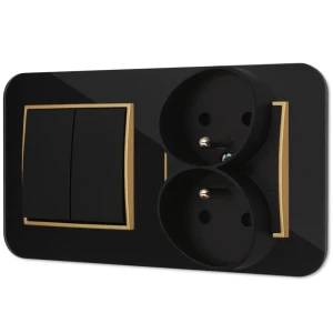 Włącznik podwójny z gniazdem podwójnym z ramką zaokrągloną efekt szkła seria ICON kolor czarny/złoty