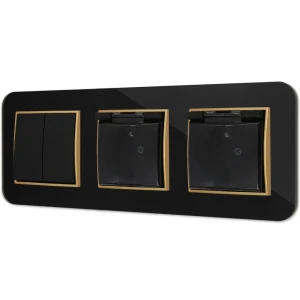 Włącznik podwójny i dwa gniazda hermetyczne z ramką zaokrągloną efekt szkła seria ICON kolor czarny/złoty