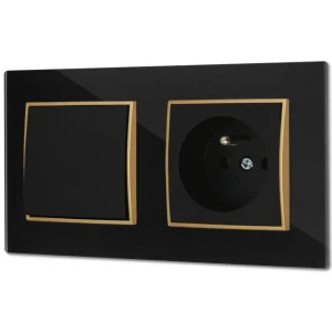 Włącznik pojedynczy z gniazdem pojedynczym z ramką kwadratową efekt szkła seria ICON kolor czarny/złoty