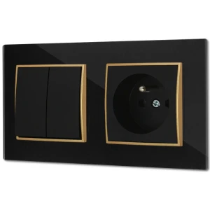 Włącznik podwójny z gniazdem pojedynczym z ramką kwadratową efekt szkła seria ICON kolor czarny/złoty
