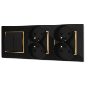 Włącznik podwójny i dwa gniazda podwójne z ramką kwadratową efekt szkła seria ICON kolor czarny/złoty