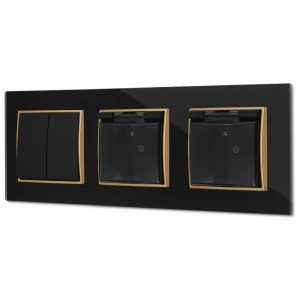 Włącznik podwójny i dwa gniazda hermetyczne z ramką kwadratową efekt szkła seria ICON kolor czarny/złoty