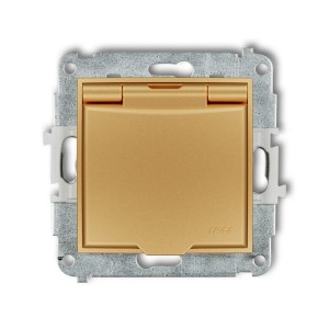 Karlik seria Mini Mechanizm gniazda bryzgoszczelnego z uziemieniem 2P+Z (klapka złota, przesłony torów prądowych) kolor złoty indeks 29MGPB-1zp