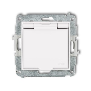 Karlik seria Mini Mechanizm gniazda bryzgoszczelnego z uziemieniem 2P+Z (klapka biały mat, przesłony torów prądowych) kolor biały mat indeks 25MGPB-1zp
