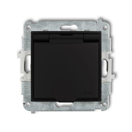 Karlik seria Mini Mechanizm gniazda bryzgoszczelnego z uziemieniem 2P+Z (klapka czarny mat, przesłony torów prądowych) kolor czarny mat indeks 12MGPB-1zp