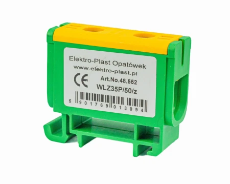Blok rozdzielczy‑odgałęźny 1‑polowy AL/CU 2,5‑50mm2 żółto‑zielony montaż płaski i na szynę TH WLZ35P/50/z 48.552