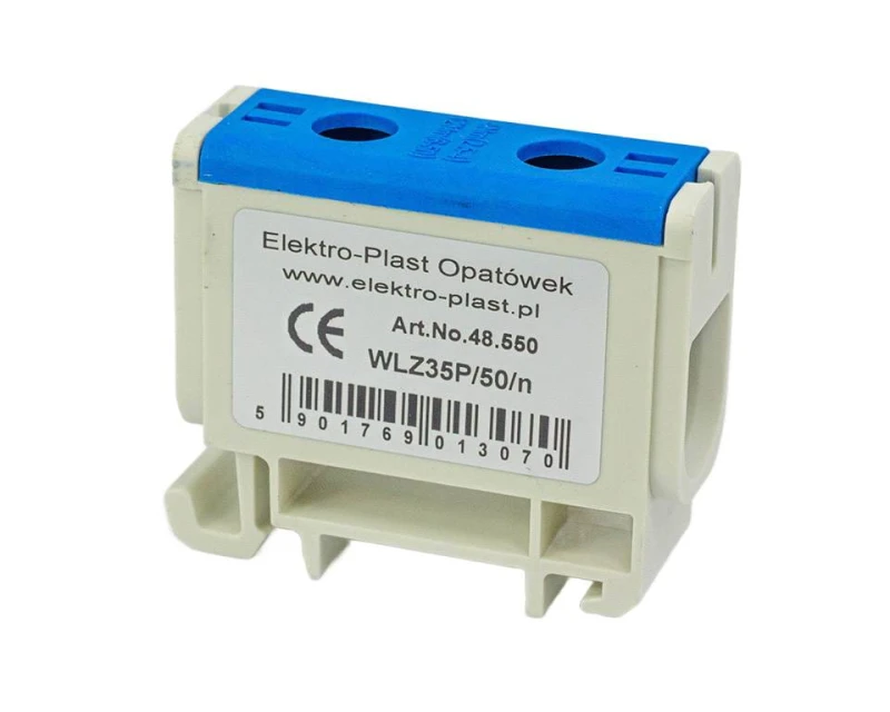 Blok rozdzielczy‑odgałęźny 1‑polowy AL/CU 2,5‑50mm2 niebieski montaż płaski i na szynę TH WLZ35P/50/n 48.550