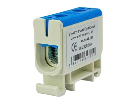 Blok rozdzielczy‑odgałęźny 1‑polowy AL/CU 2,5‑50mm2 niebieski montaż płaski i na szynę TH WLZ35P/50/n 48.550