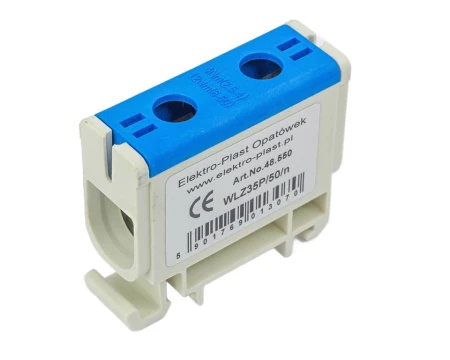 Blok rozdzielczy‑odgałęźny 1‑polowy AL/CU 2,5‑50mm2 niebieski montaż płaski i na szynę TH WLZ35P/50/n 48.550