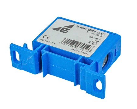 Blok rozdzielczy‑odgałęźny 1‑polowy CU 16‑50mm2 niebieski montaż płaski i na szynę TH ZP50 Cu / n 48.51