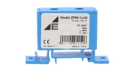 Blok rozdzielczy‑odgałęźny 1‑polowy CU 16‑50mm2 niebieski montaż płaski i na szynę TH ZP50 Cu / n 48.51
