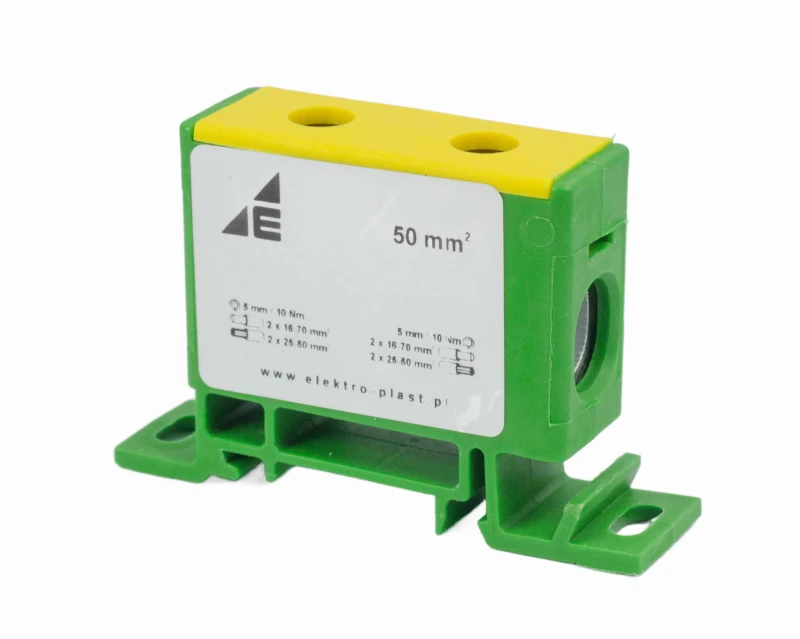 Blok rozdzielczy‑odgałęźny 1‑polowy CU 16‑50mm2 żółto‑zielony montaż płaski i na szynę TH ZP50 Cu / z 48.59