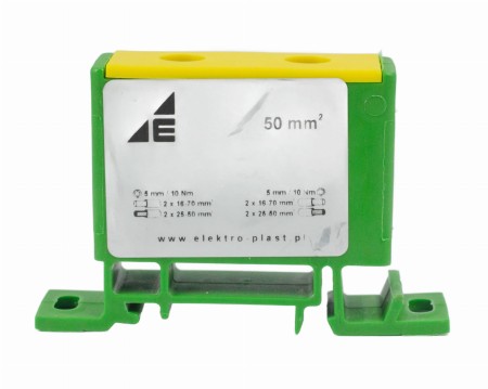 Blok rozdzielczy‑odgałęźny 1‑polowy CU 16‑50mm2 żółto‑zielony montaż płaski i na szynę TH ZP50 Cu / z 48.59