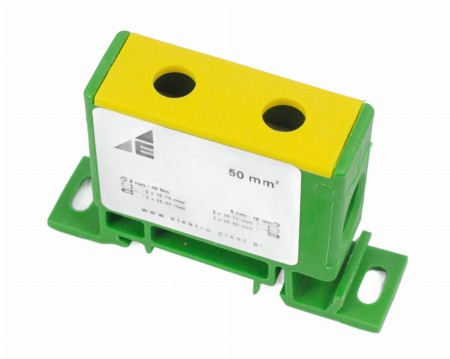 Blok rozdzielczy‑odgałęźny 1‑polowy CU 16‑50mm2 żółto‑zielony montaż płaski i na szynę TH ZP50 Cu / z 48.59