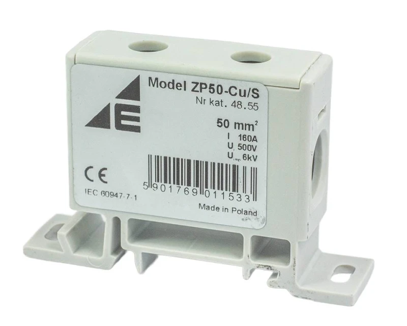 Blok rozdzielczy‑odgałęźny 1‑polowy CU 16‑50mm2 szary montaż płaski i na szynę TH ZP50 Cu / s 48.55