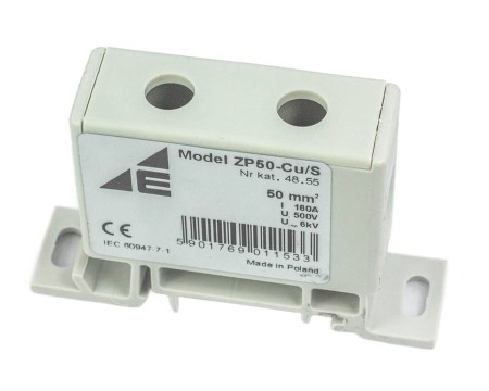 Blok rozdzielczy‑odgałęźny 1‑polowy CU 16‑50mm2 szary montaż płaski i na szynę TH ZP50 Cu / s 48.55