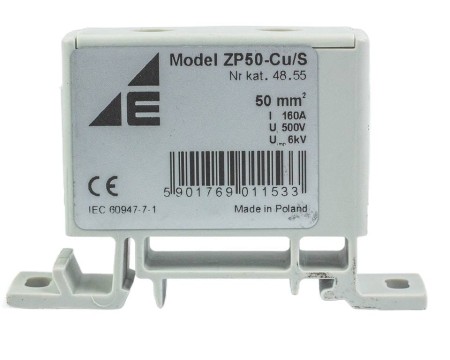Blok rozdzielczy‑odgałęźny 1‑polowy CU 16‑50mm2 szary montaż płaski i na szynę TH ZP50 Cu / s 48.55
