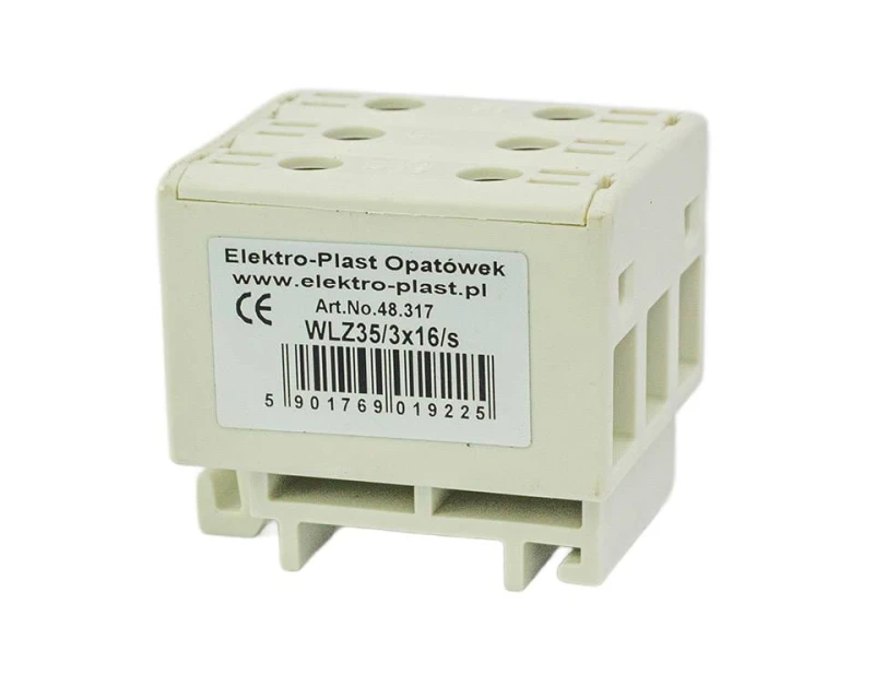 Blok rozdzielczy‑odgałęźny 3‑polowy AL/CU 3x16mm2 szary montaż płaski i na szynę TH WLZ35/3x16/s 48.317