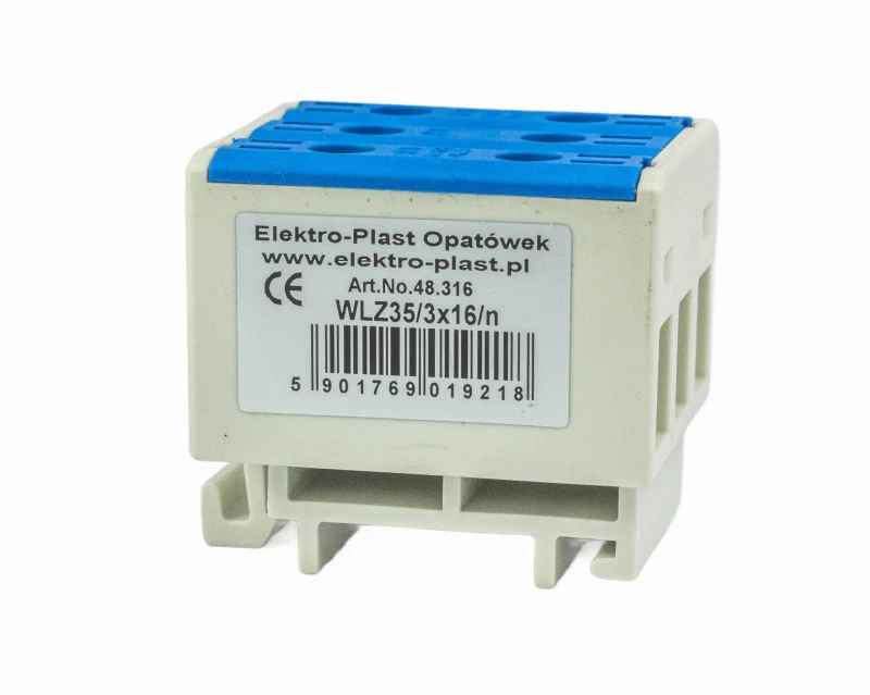 Blok rozdzielczy‑odgałęźny 3‑polowy AL/CU 3x16mm2 niebieski montaż płaski i na szynę TH WLZ35/3x16/n 48.316