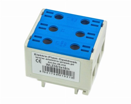 Blok rozdzielczy‑odgałęźny 3‑polowy AL/CU 3x16mm2 niebieski montaż płaski i na szynę TH WLZ35/3x16/n 48.316