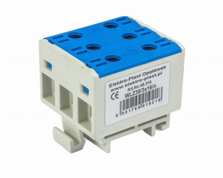 Blok rozdzielczy‑odgałęźny 3‑polowy AL/CU 3x16mm2 niebieski montaż płaski i na szynę TH WLZ35/3x16/n 48.316