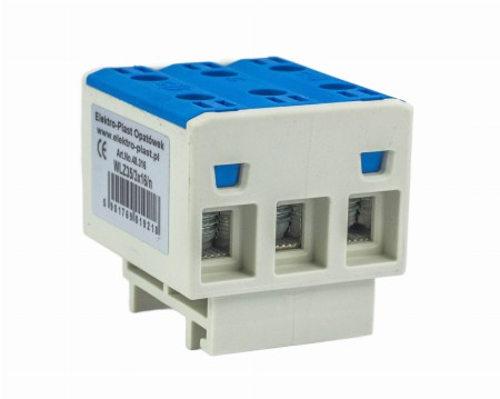 Blok rozdzielczy‑odgałęźny 3‑polowy AL/CU 3x16mm2 niebieski montaż płaski i na szynę TH WLZ35/3x16/n 48.316