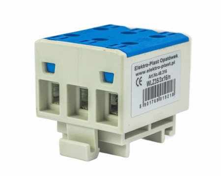Blok rozdzielczy‑odgałęźny 3‑polowy AL/CU 3x16mm2 niebieski montaż płaski i na szynę TH WLZ35/3x16/n 48.316