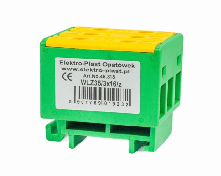 Blok rozdzielczy‑odgałęźny 3‑polowy AL/CU 3x16mm2 zielony montaż płaski i na szynę TH WLZ35/3x16/z 48.318