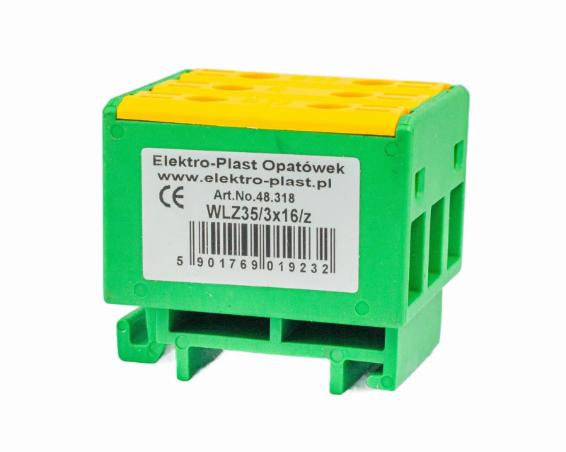 Blok rozdzielczy‑odgałęźny 3‑polowy AL/CU 3x16mm2 zielony montaż płaski i na szynę TH WLZ35/3x16/z 48.318