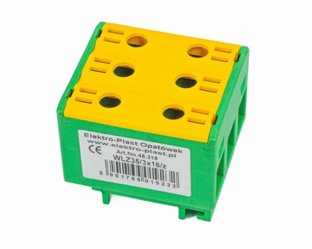 Blok rozdzielczy‑odgałęźny 3‑polowy AL/CU 3x16mm2 zielony montaż płaski i na szynę TH WLZ35/3x16/z 48.318